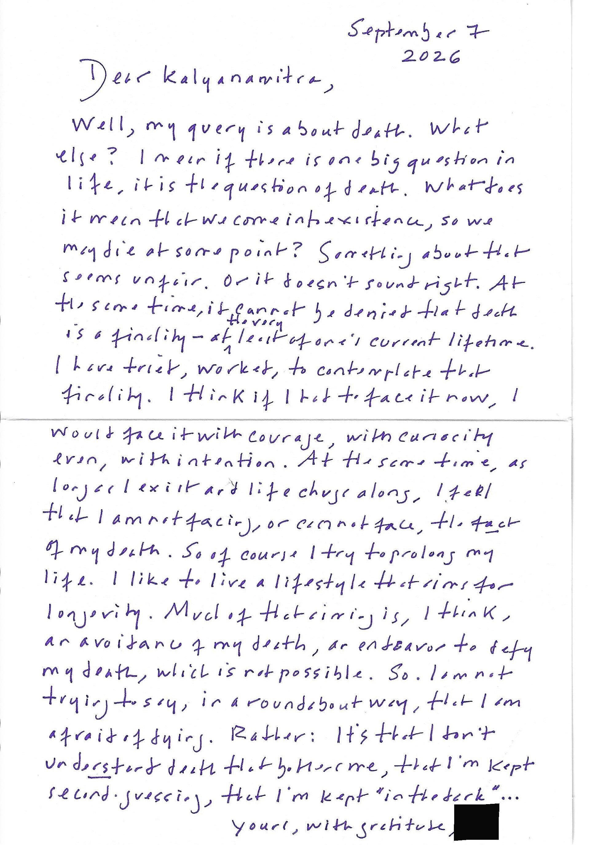 Letter, page 2 of 2 — Correspondence No. 1, So, What Is Death?