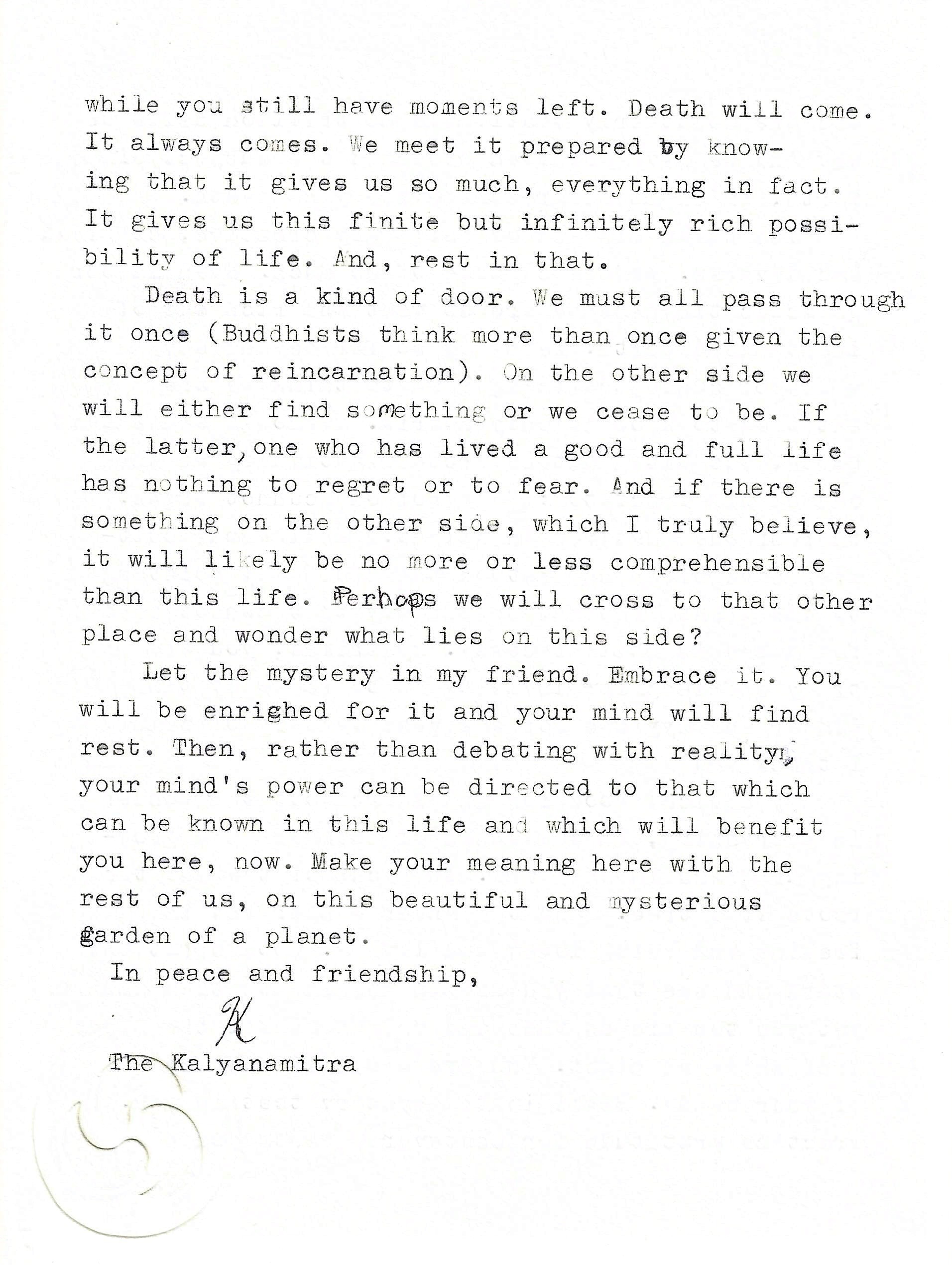 Reply from the Kalyanamitra, page 8 of 8 — Correspondence No. 1, So, What Is Death?