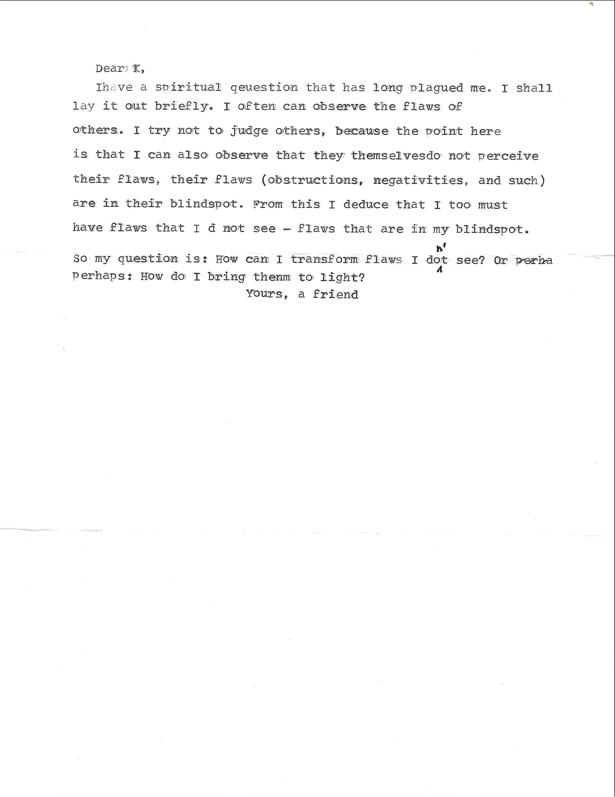 Letter, page 1 of 1 — Correspondence No. 2, So, What About the Flaws I Can't See?